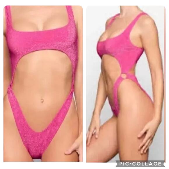 SKIMS Size 4x Magenta Pink Glitter Sparkle Swimsuit Sexy Cut Out Monokini NWT - Picture 1 of 10